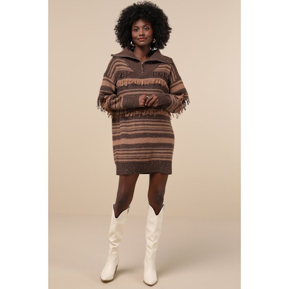 Lulus Ultimate Coziness Brown Striped Quarter-zip Sweater Mini Dress - Size S